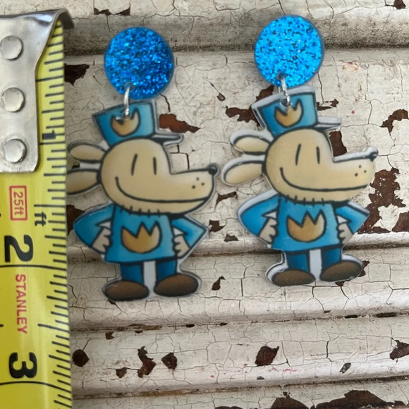 Brand new acrylic DogMan book inspired teacher librarian dangle earrings - Picture 3 of 4